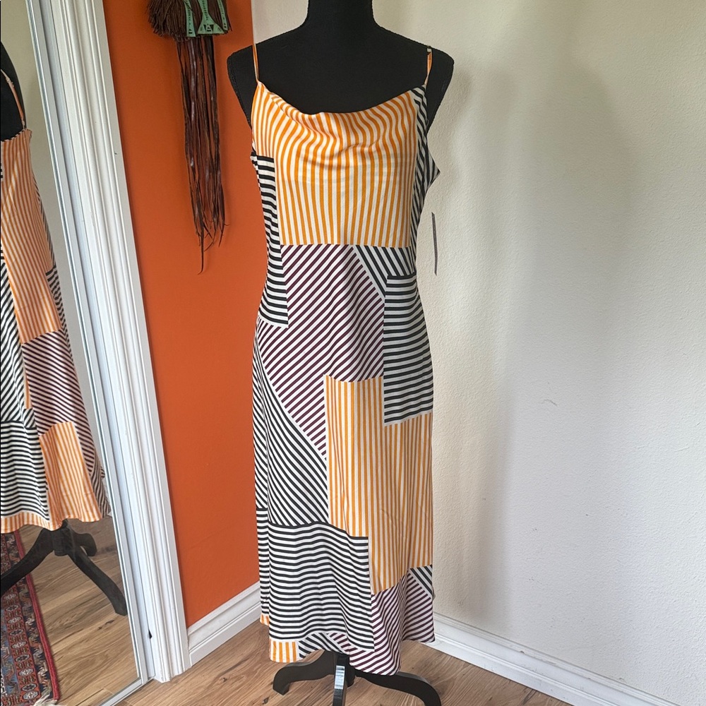 Sara Michelle Striped Patchwork Midi Dress in Yellow and Black